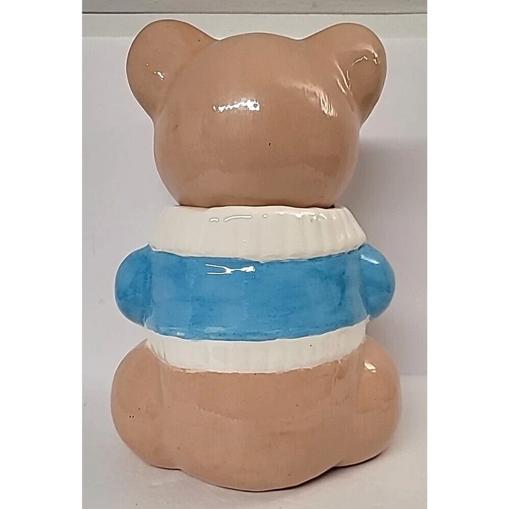 Vintage Tan Bear‎ Holding a Cookie with a Blue/White Sweater Ceramic Cookie Jar